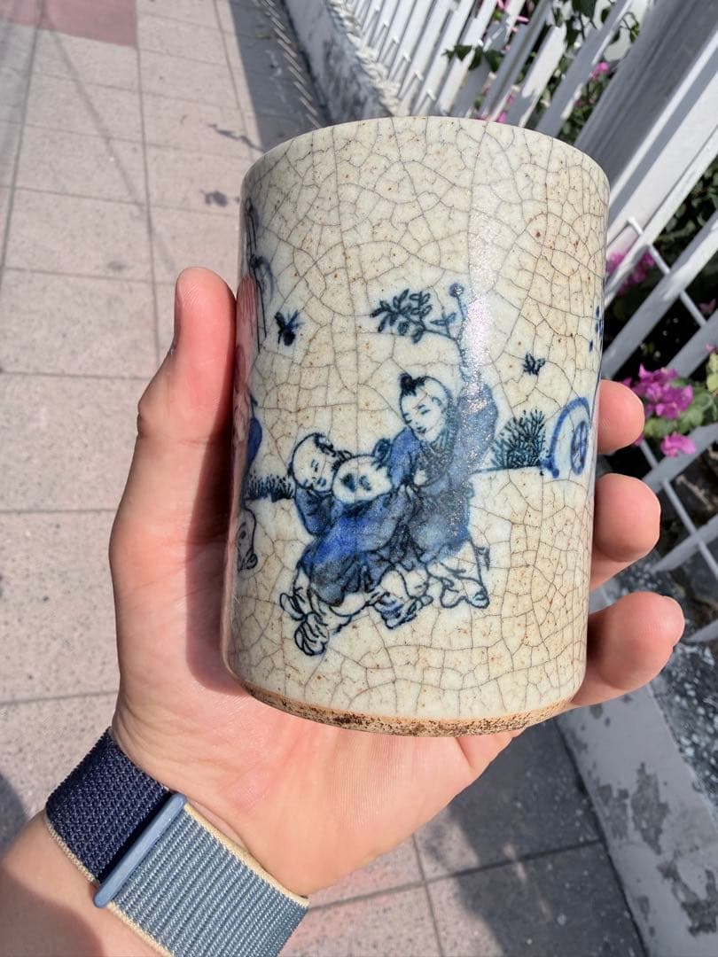 【骨董】清時代青花 貫入 染付の筆筒　古玩