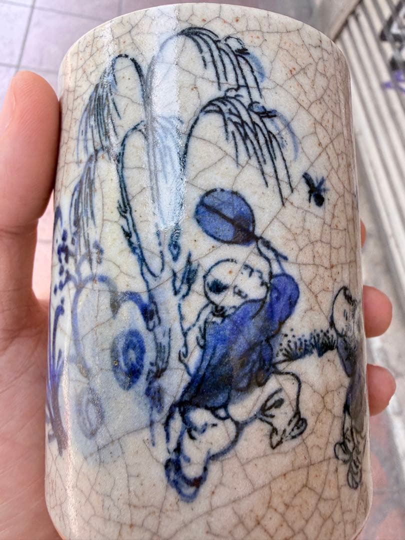 【骨董】清時代青花 貫入 染付の筆筒　古玩