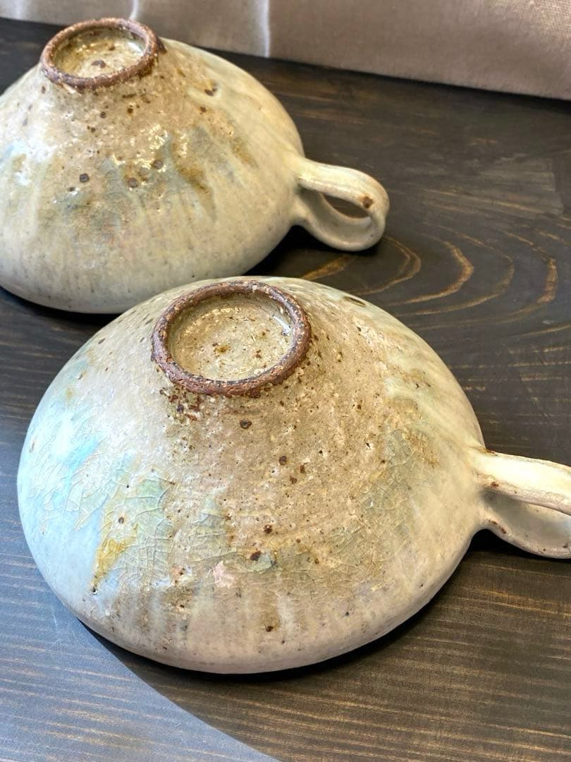 中村哲雄　薄灰　取っ手付きスープカップ 2個セット　作家もの