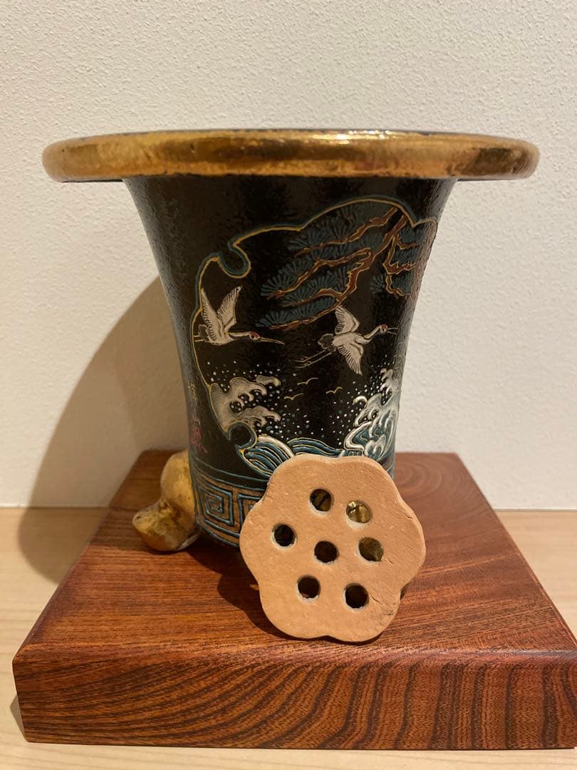 祥山作　鶴図　錦鉢　楽鉢　年代物　サナ付き　愛楽園