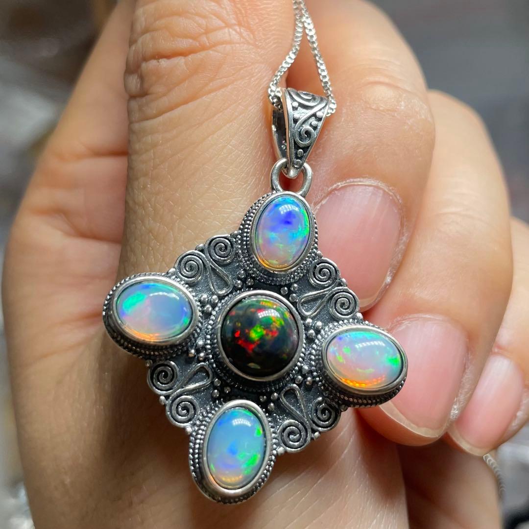 天然石ペンダント　オパール　ブラックオパール　5pcs 強シラー　SV925刻印