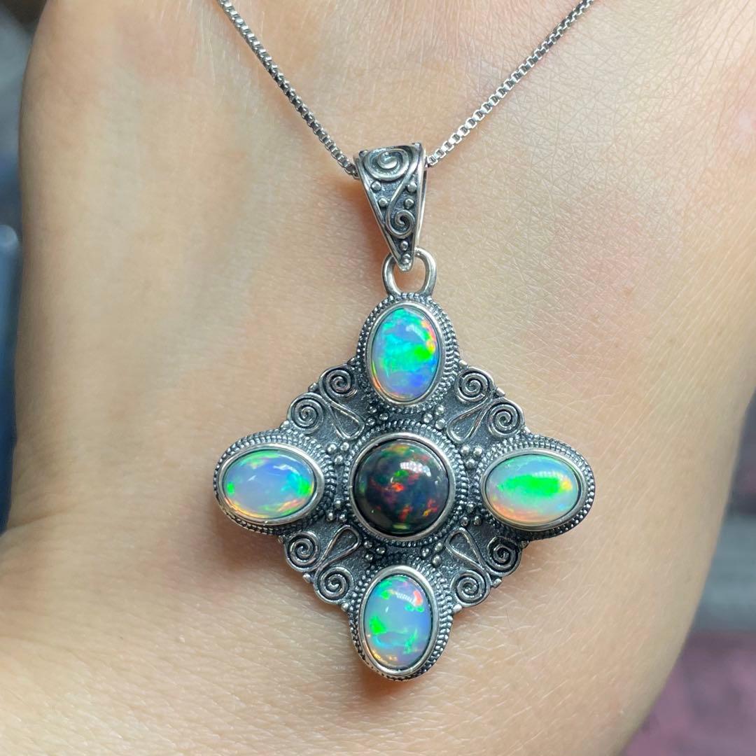 天然石ペンダント　オパール　ブラックオパール　5pcs 強シラー　SV925刻印