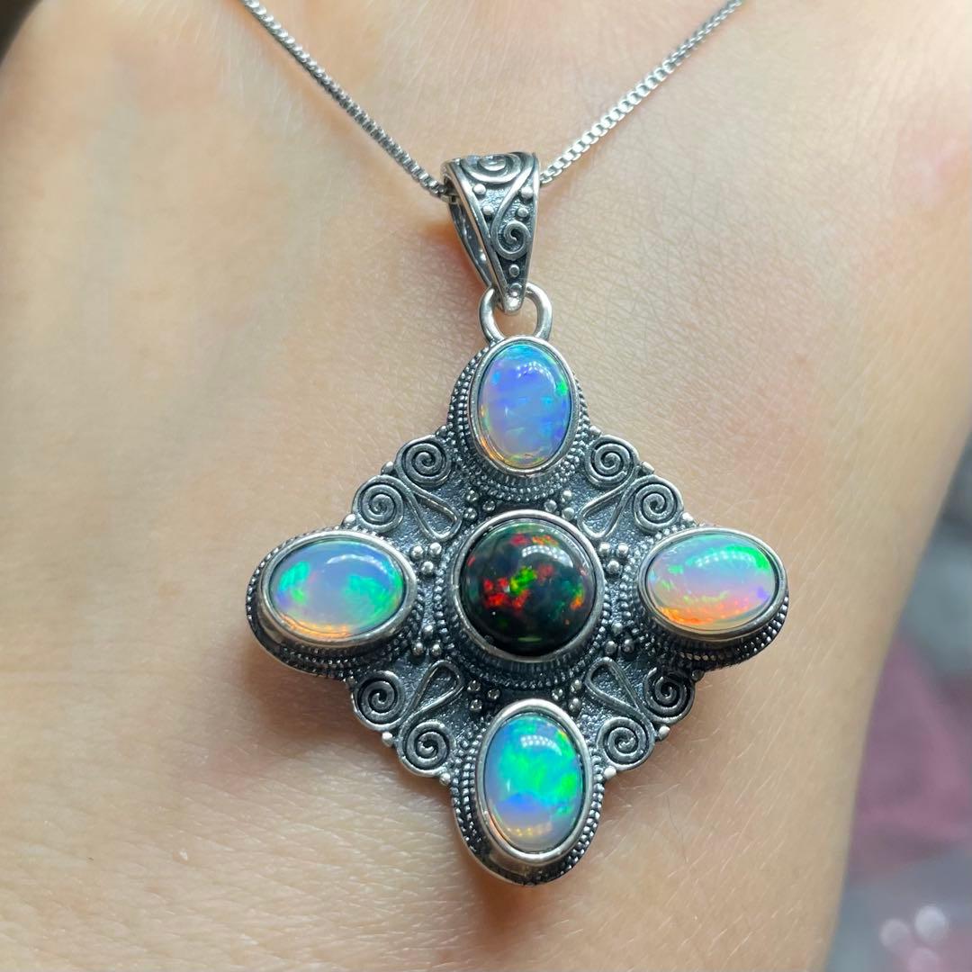 天然石ペンダント　オパール　ブラックオパール　5pcs 強シラー　SV925刻印