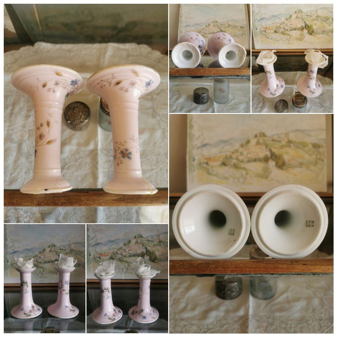 アンティークフランス リモージュ ペアキャンドルスタンド 盛上手彩色ペールピンク