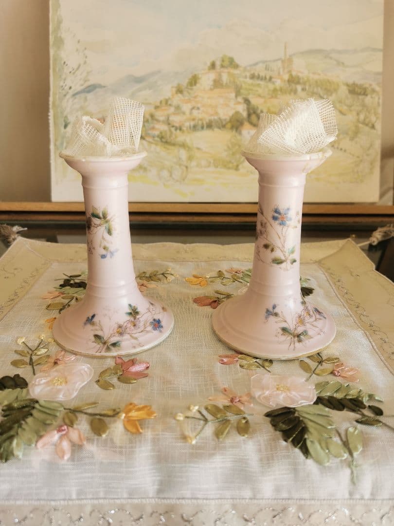 アンティークフランス リモージュ ペアキャンドルスタンド 盛上手彩色ペールピンク