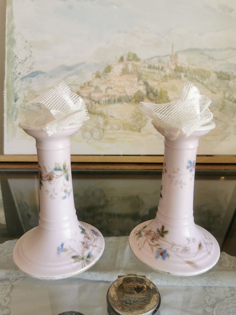 アンティークフランス リモージュ ペアキャンドルスタンド 盛上手彩色ペールピンク