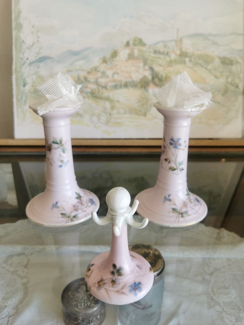 アンティークフランス リモージュ ペアキャンドルスタンド 盛上手彩色ペールピンク
