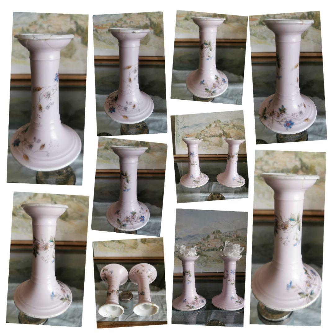 アンティークフランス リモージュ ペアキャンドルスタンド 盛上手彩色ペールピンク