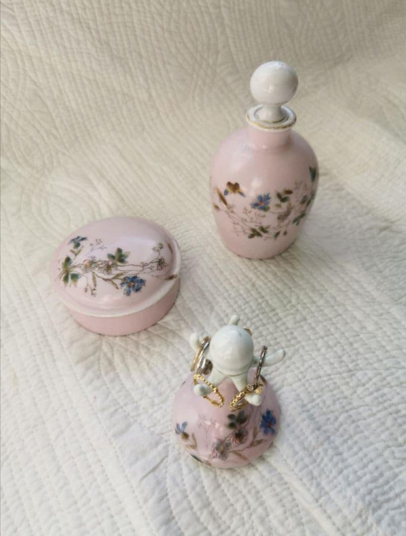 アンティークフランス リモージュ ペアキャンドルスタンド 盛上手彩色ペールピンク