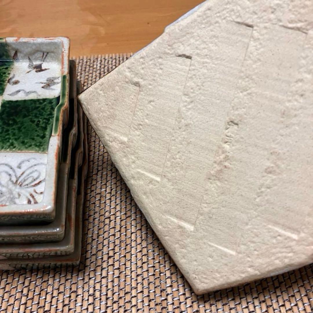 【未使用】たち吉　市松　瀬戸焼　織部　菱形　銘々皿　中皿　5P