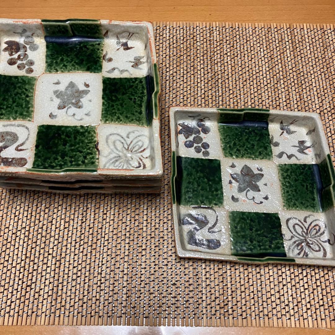 【未使用】たち吉　市松　瀬戸焼　織部　菱形　銘々皿　中皿　5P
