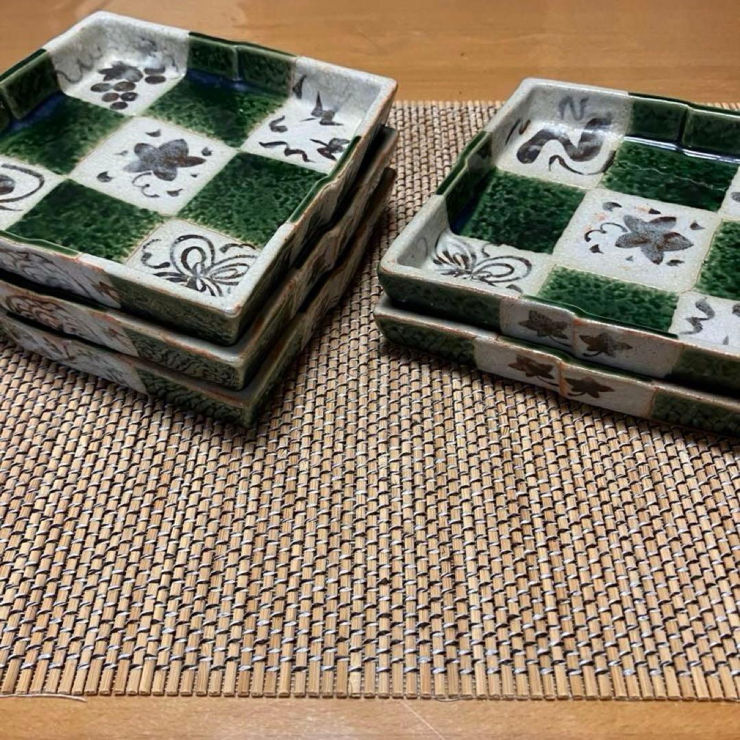 【未使用】たち吉　市松　瀬戸焼　織部　菱形　銘々皿　中皿　5P