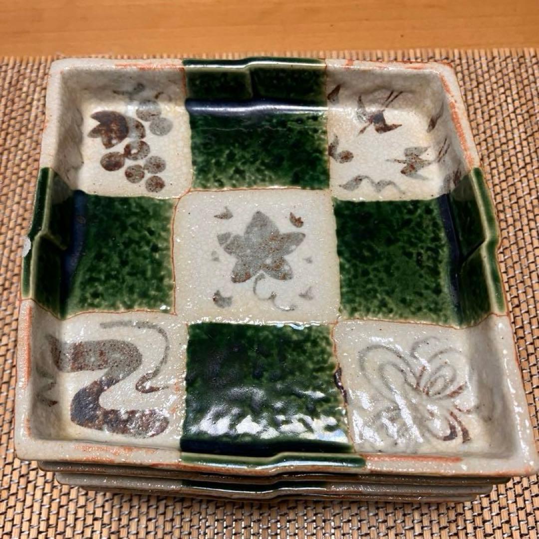 【未使用】たち吉　市松　瀬戸焼　織部　菱形　銘々皿　中皿　5P