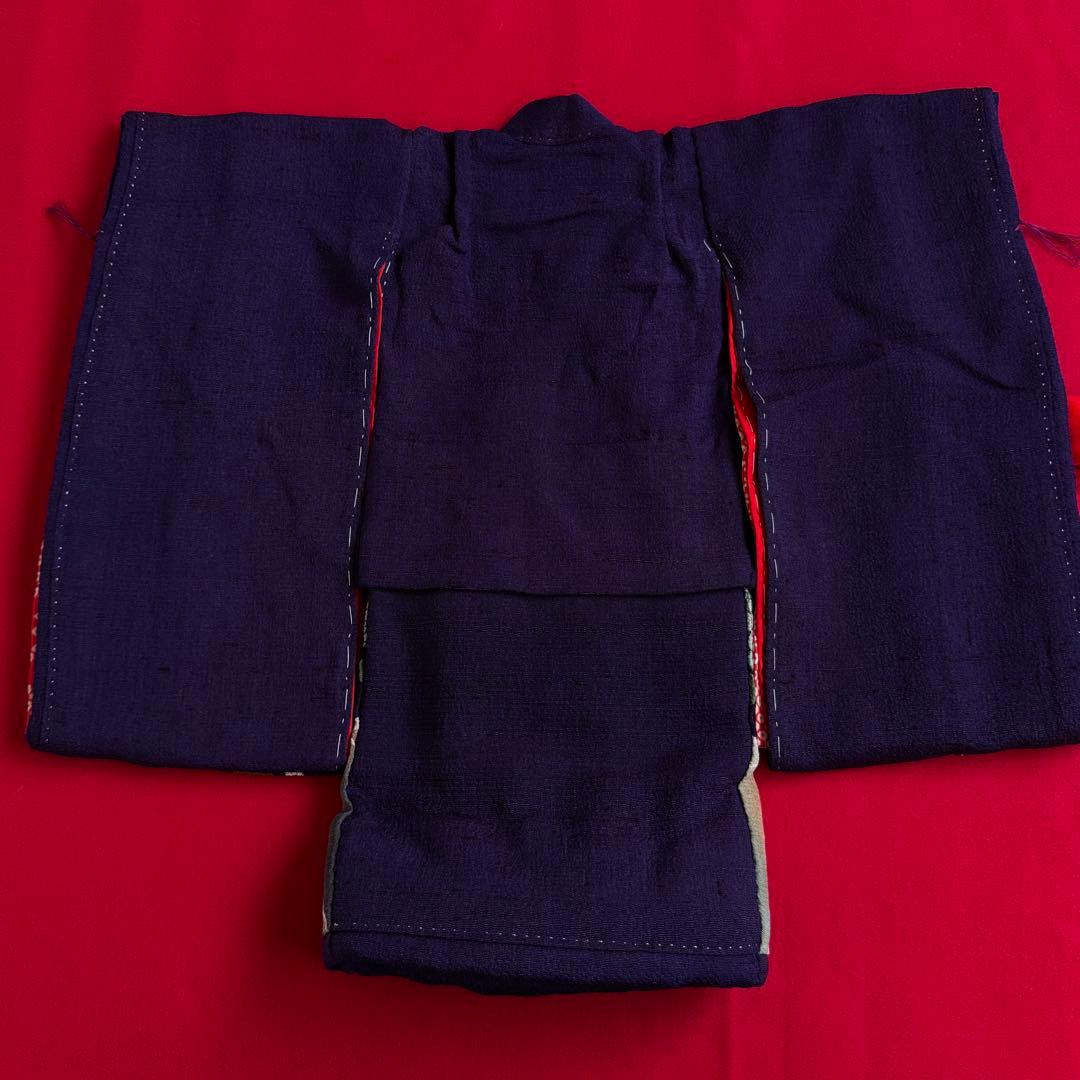 市松人形 12号(42cm)サイズの着物　比翼仕立て　濃紫　梅松菊　き