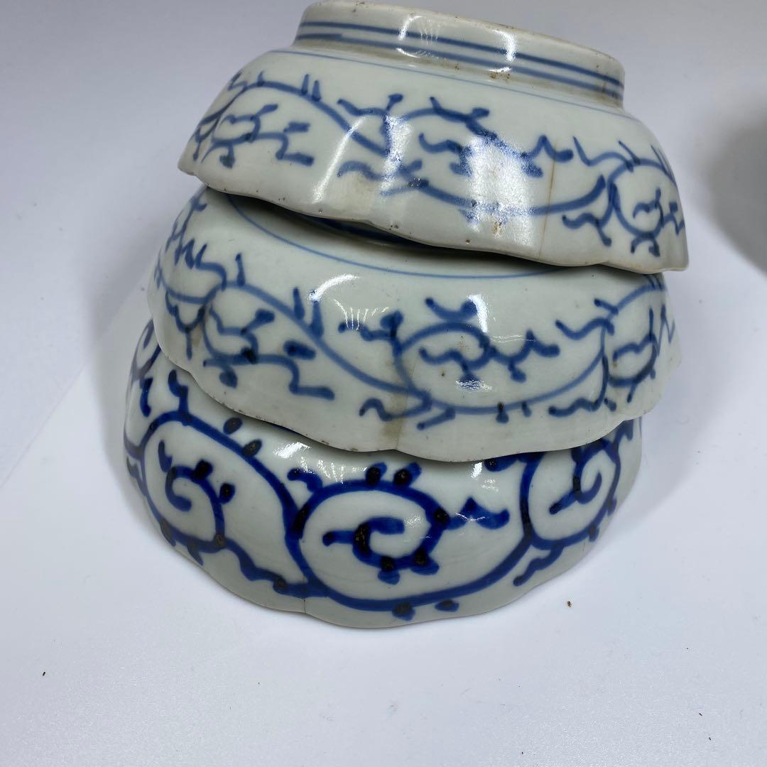 古伊万里　染付みじんこ膾皿16枚　木箱　幅14.8㎝東Y7-0314☆2Fトヒサ