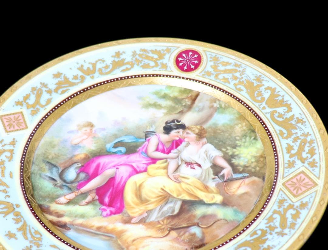 ロイヤル・ヴィエナ 西洋陶磁最高級!! 一点物 金盛装飾 飾り皿 著名な絵師