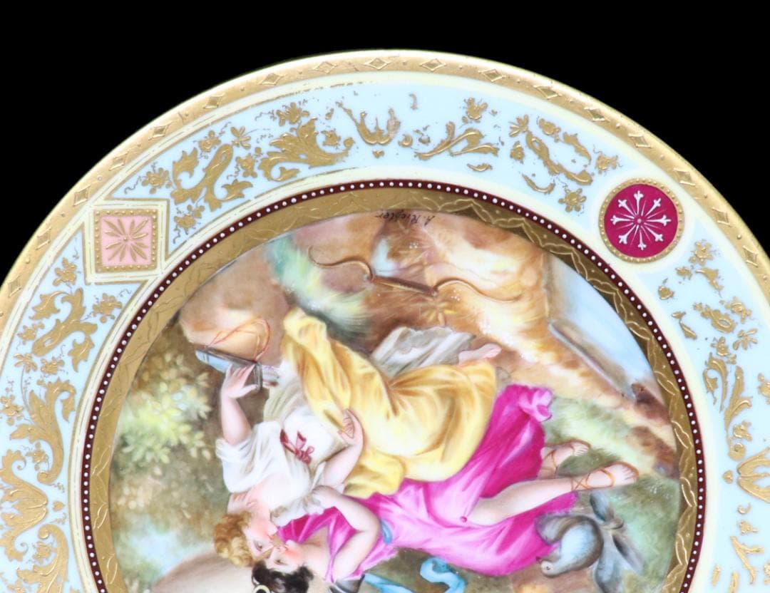 ロイヤル・ヴィエナ 西洋陶磁最高級!! 一点物 金盛装飾 飾り皿 著名な絵師