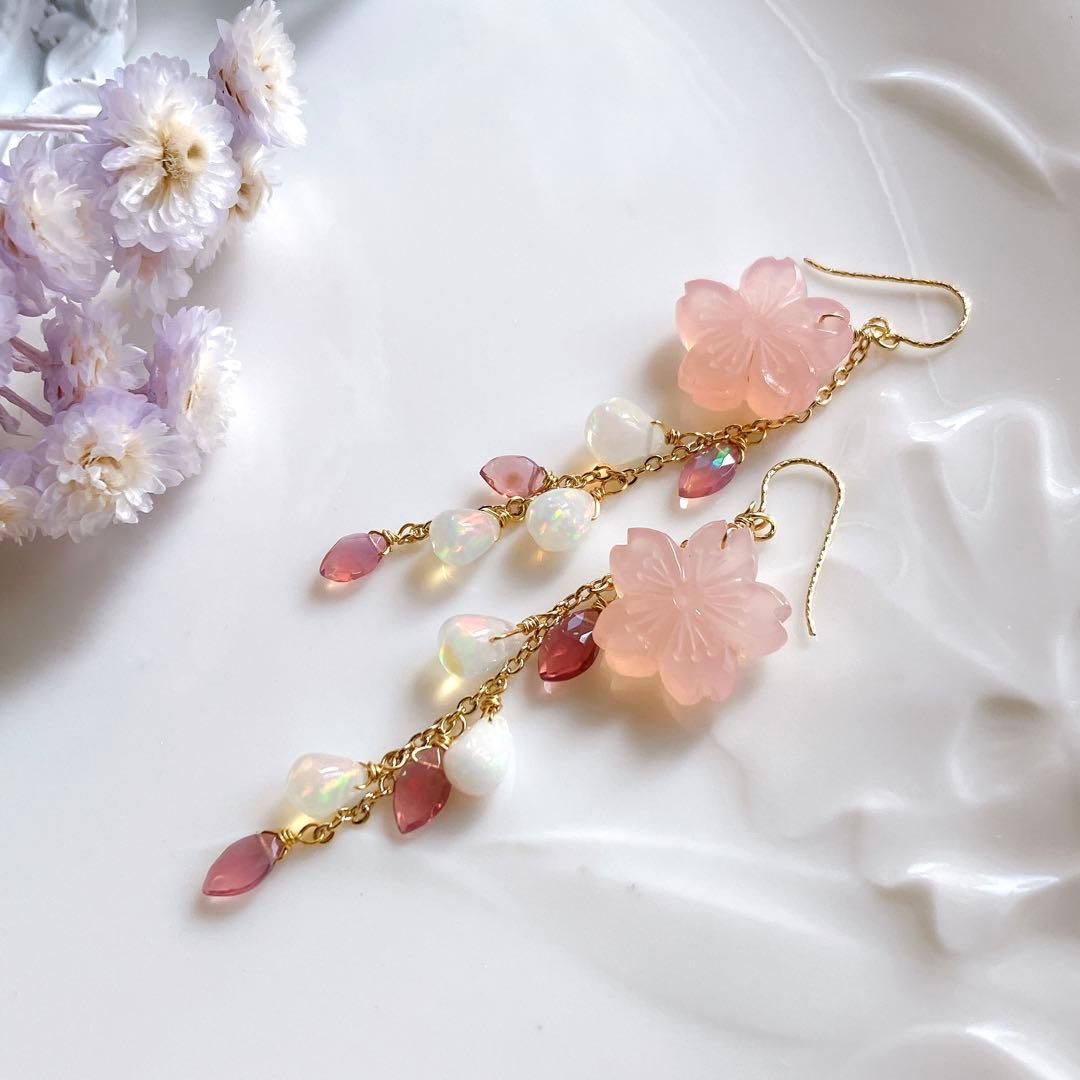 うぐいす◆桜カービング✧ピンクカルセドニー×オパールピアス✧14kgf