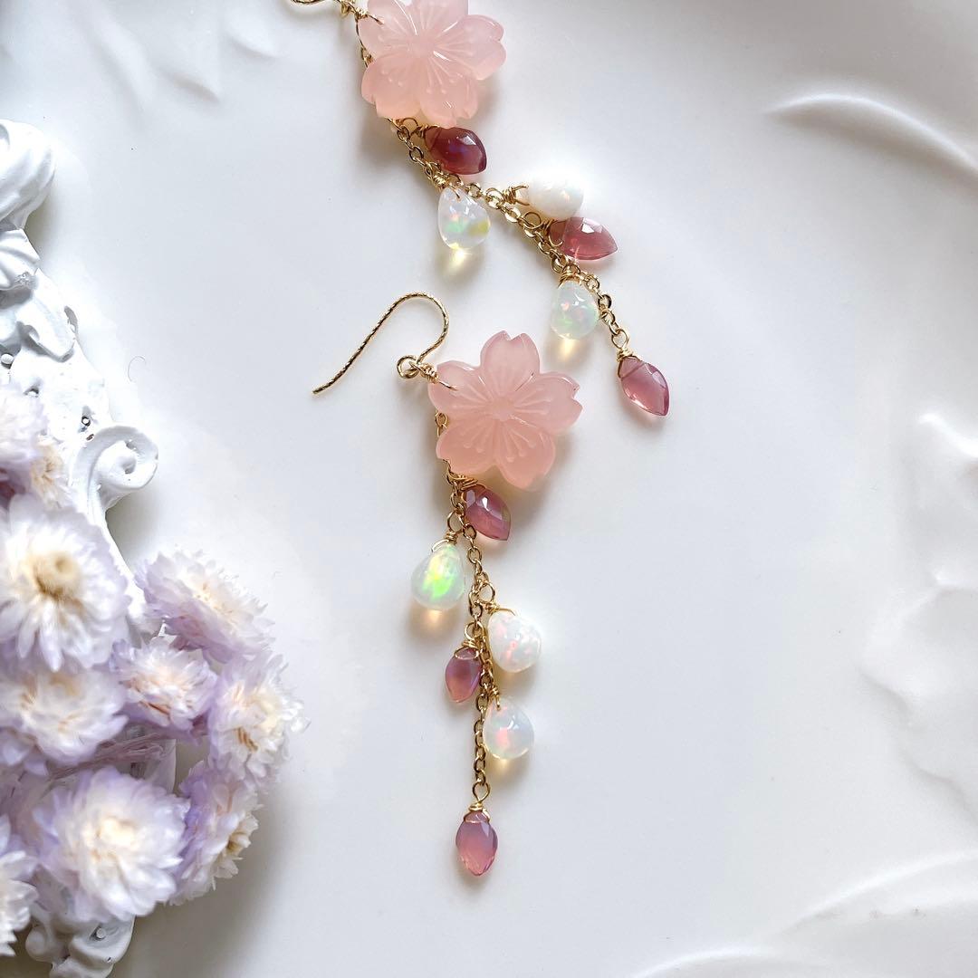 うぐいす◆桜カービング✧ピンクカルセドニー×オパールピアス✧14kgf