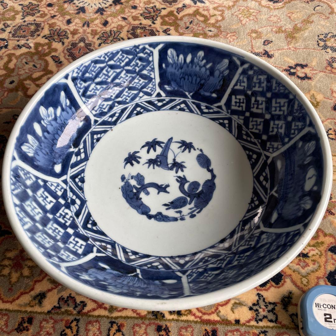 伊万里焼　吉祥文様　七宝　牡丹　染付　深大皿