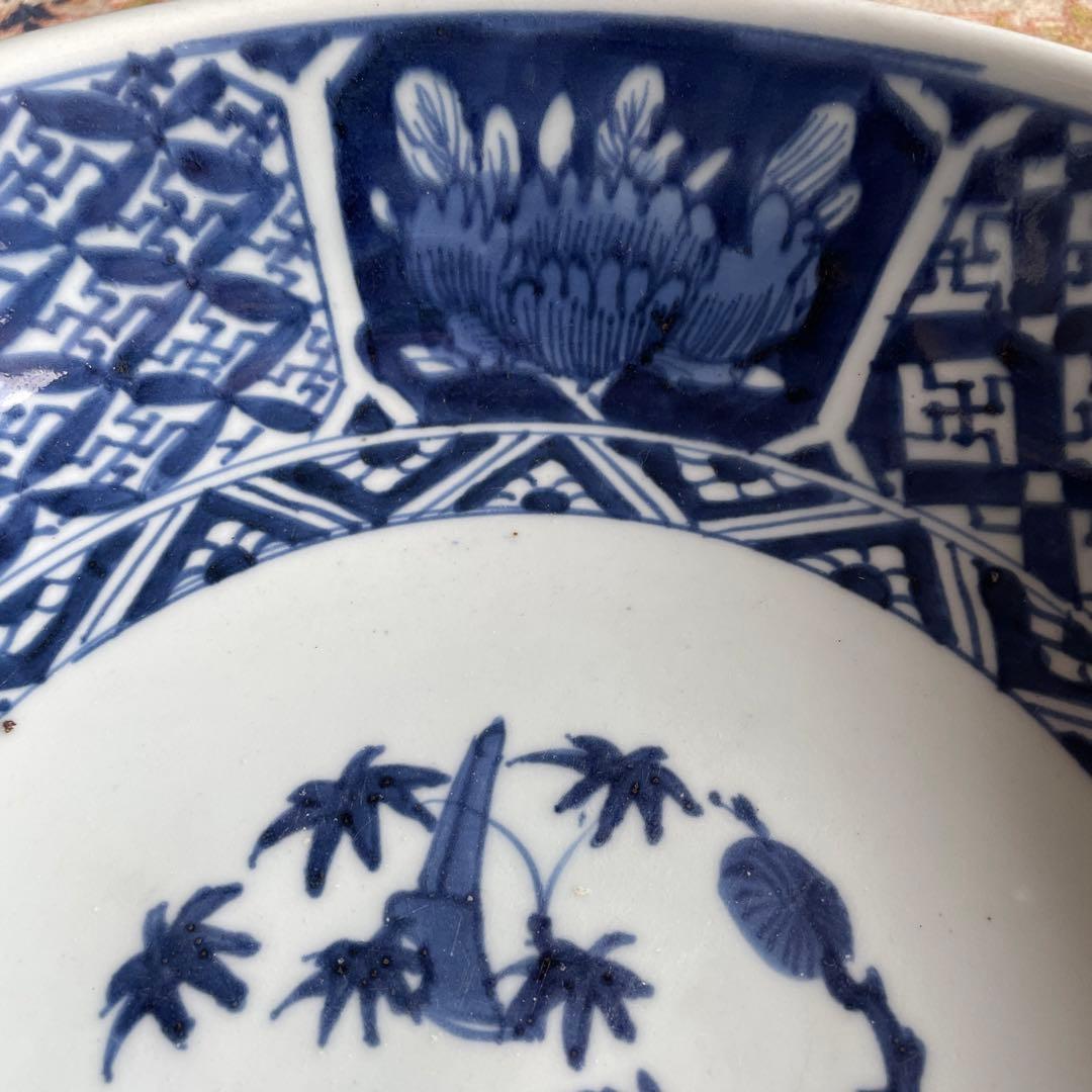 伊万里焼　吉祥文様　七宝　牡丹　染付　深大皿