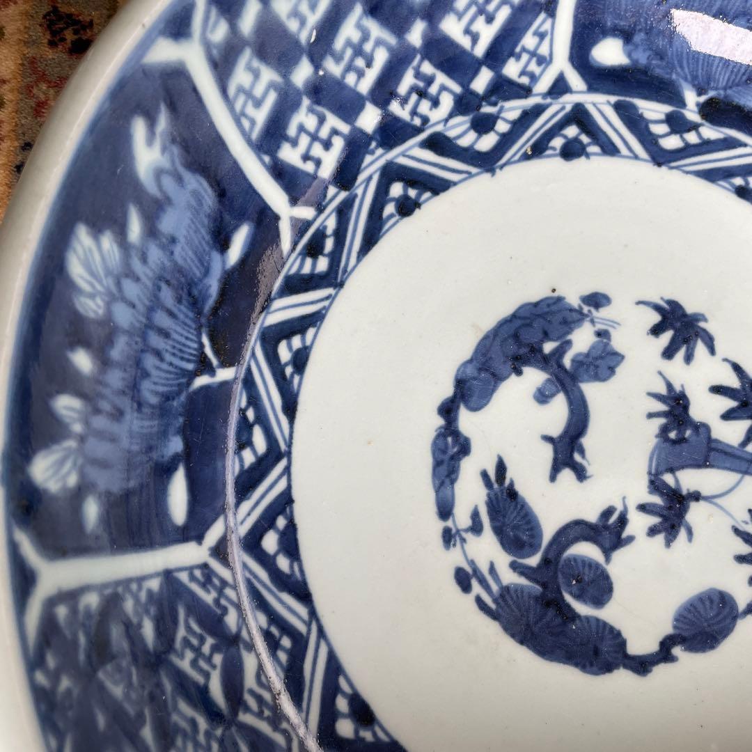 伊万里焼　吉祥文様　七宝　牡丹　染付　深大皿