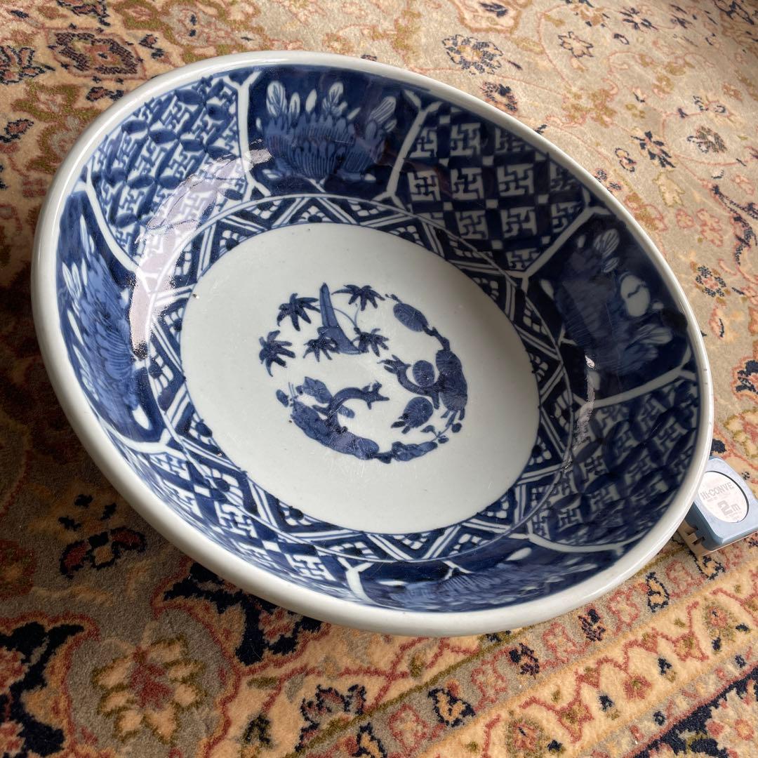 伊万里焼　吉祥文様　七宝　牡丹　染付　深大皿
