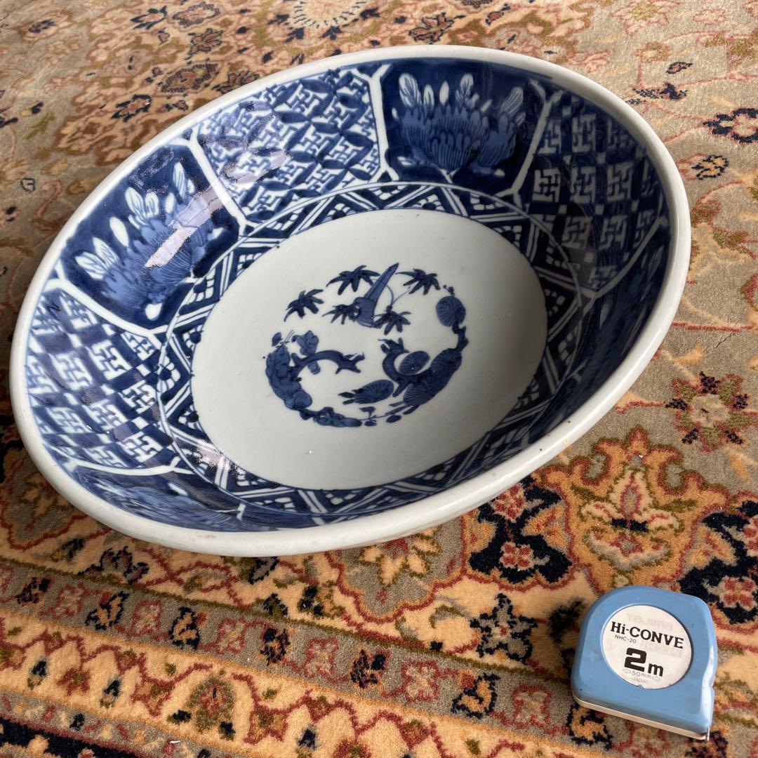 伊万里焼　吉祥文様　七宝　牡丹　染付　深大皿