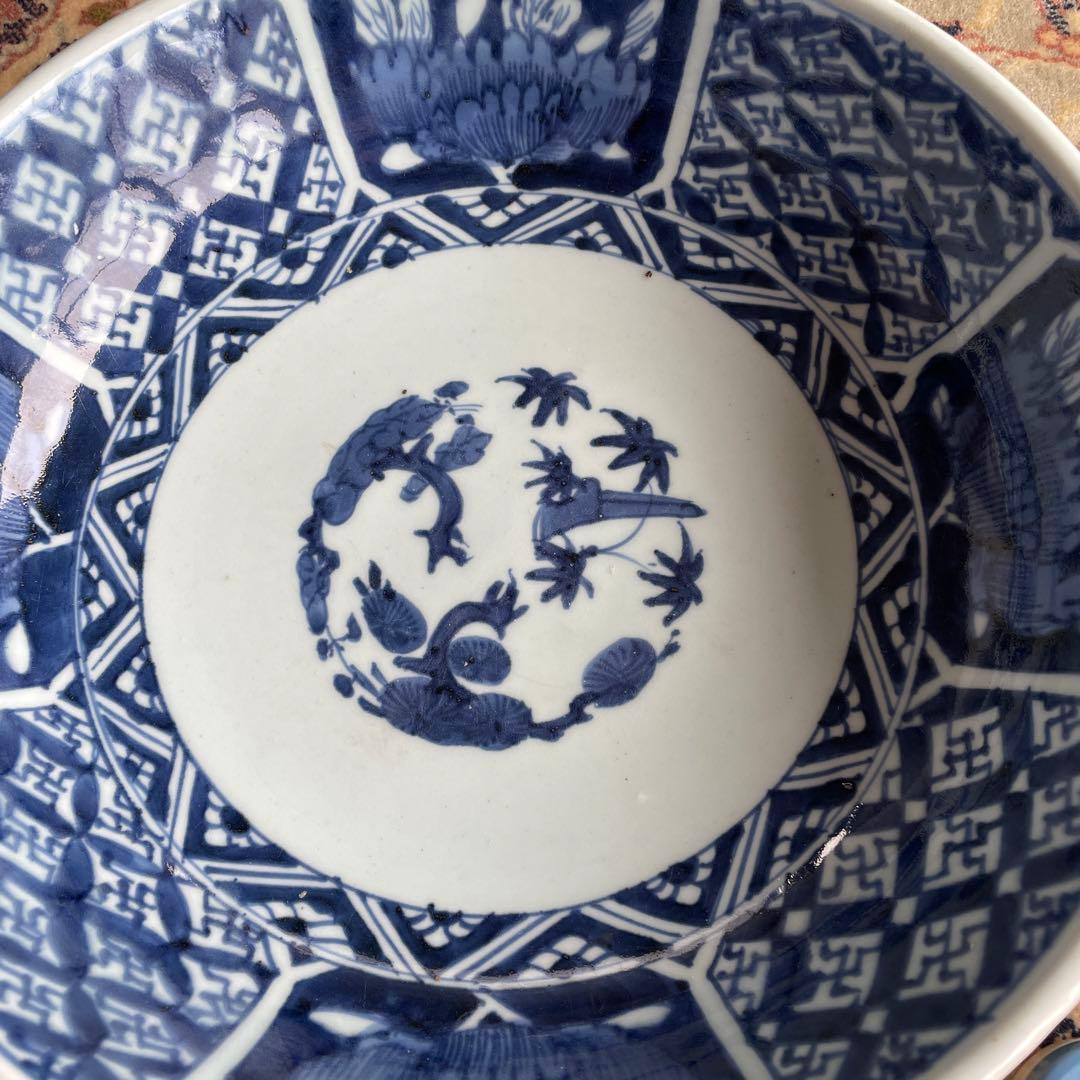 伊万里焼　吉祥文様　七宝　牡丹　染付　深大皿
