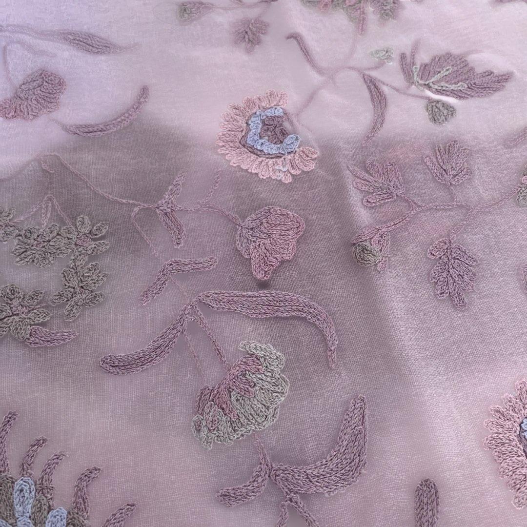 ピンク 花柄刺繍 ストール フリンジ付き