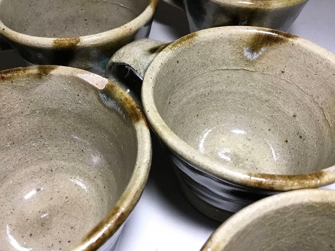 益子焼？◆カップ&ソーサー ７客◆民芸 デミタス 小皿 ぐい呑 コーヒーカップ