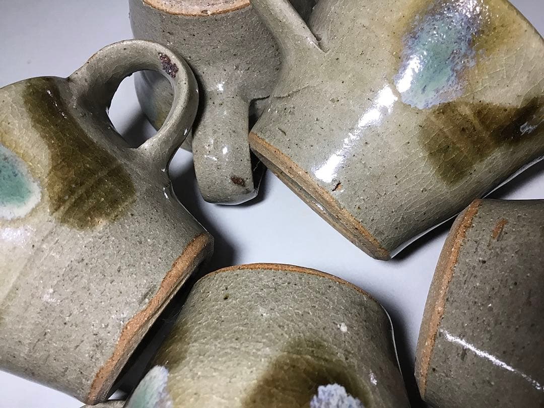 益子焼？◆カップ&ソーサー ７客◆民芸 デミタス 小皿 ぐい呑 コーヒーカップ