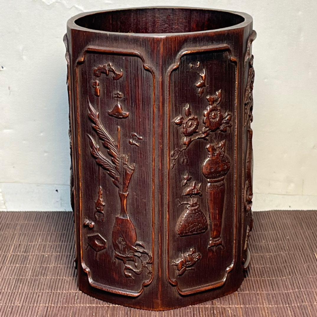 彫刻六角竹筆筒 文房四宝 古文房具 書道具 文房具 現代工芸品 美術品 置物