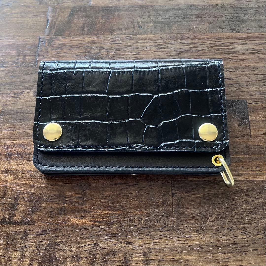 牛革 トラッカーウォレット ミドル 黒 クロコ型押し 『紙幣折らずに収納可』