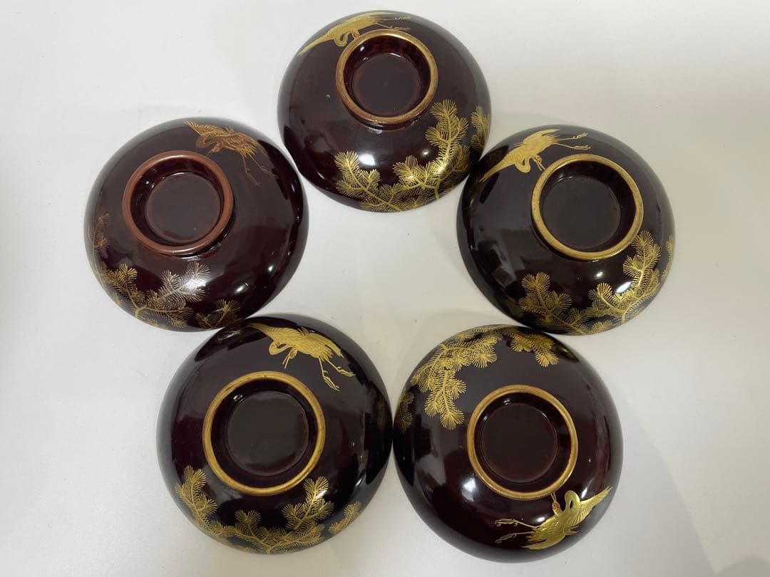 【現状品】豊楽焼 銘慶楽 蓋付き椀 金彩 松 鶴柄 割烹アンティーク 5点