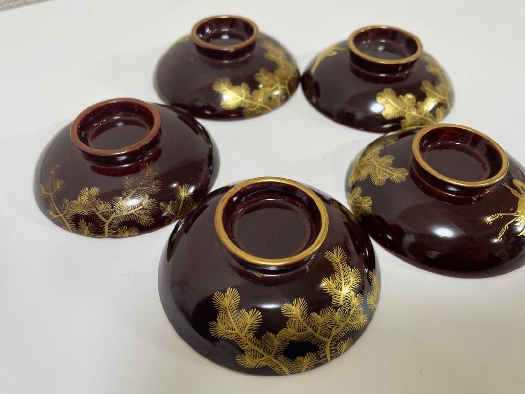 【現状品】豊楽焼 銘慶楽 蓋付き椀 金彩 松 鶴柄 割烹アンティーク 5点