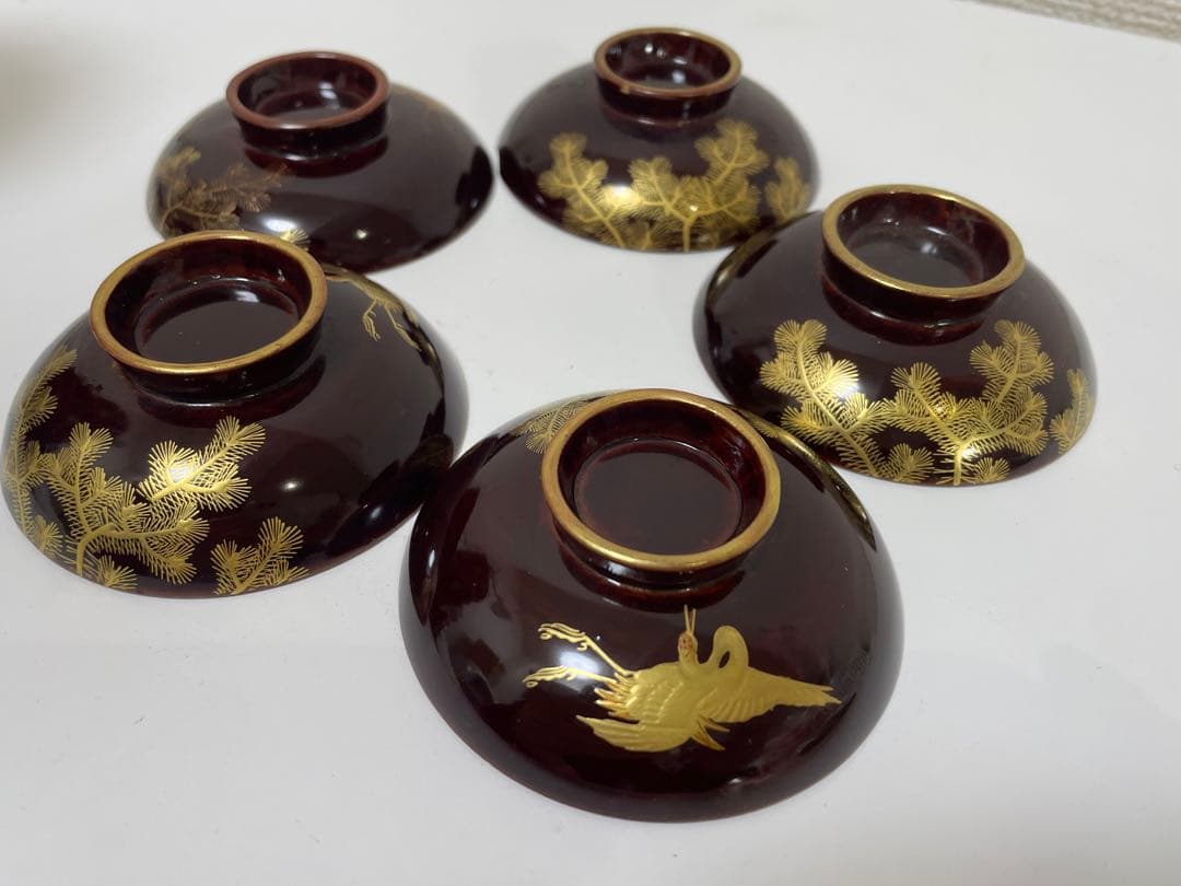 【現状品】豊楽焼 銘慶楽 蓋付き椀 金彩 松 鶴柄 割烹アンティーク 5点