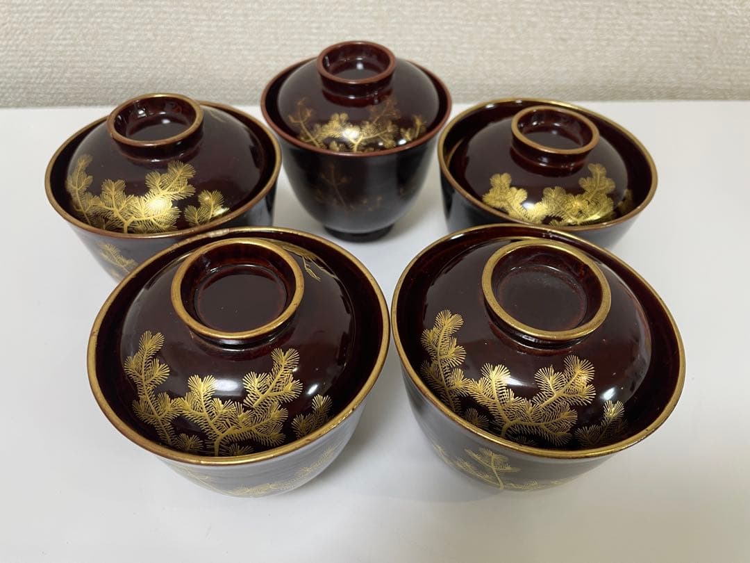 【現状品】豊楽焼 銘慶楽 蓋付き椀 金彩 松 鶴柄 割烹アンティーク 5点