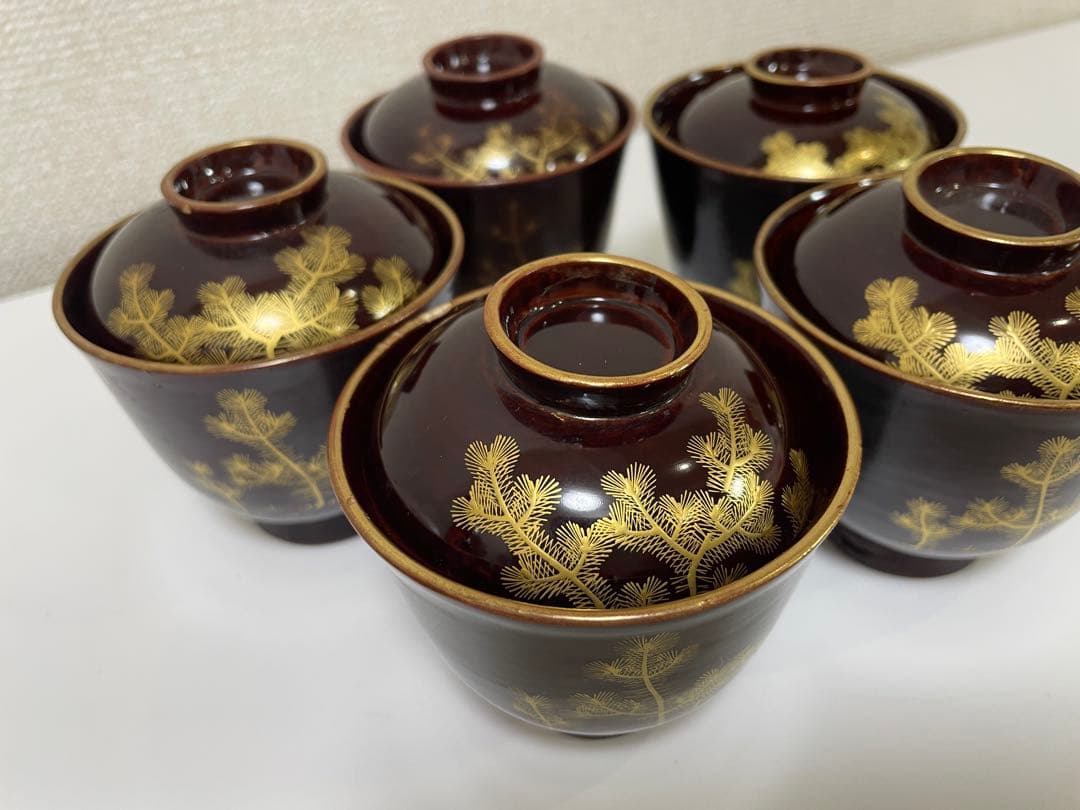 【現状品】豊楽焼 銘慶楽 蓋付き椀 金彩 松 鶴柄 割烹アンティーク 5点