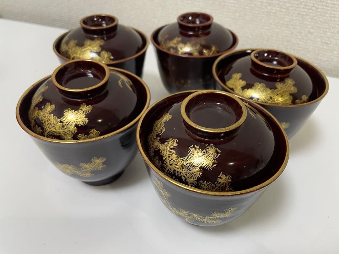 【現状品】豊楽焼 銘慶楽 蓋付き椀 金彩 松 鶴柄 割烹アンティーク 5点