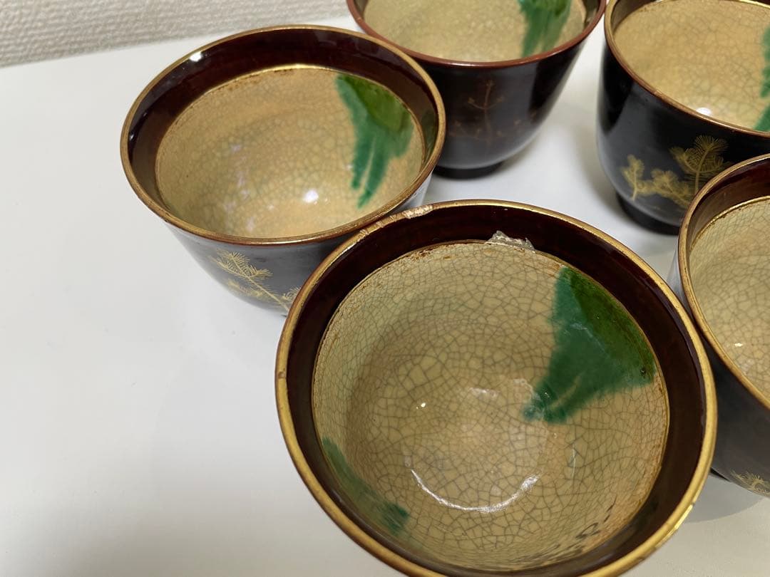 【現状品】豊楽焼 銘慶楽 蓋付き椀 金彩 松 鶴柄 割烹アンティーク 5点