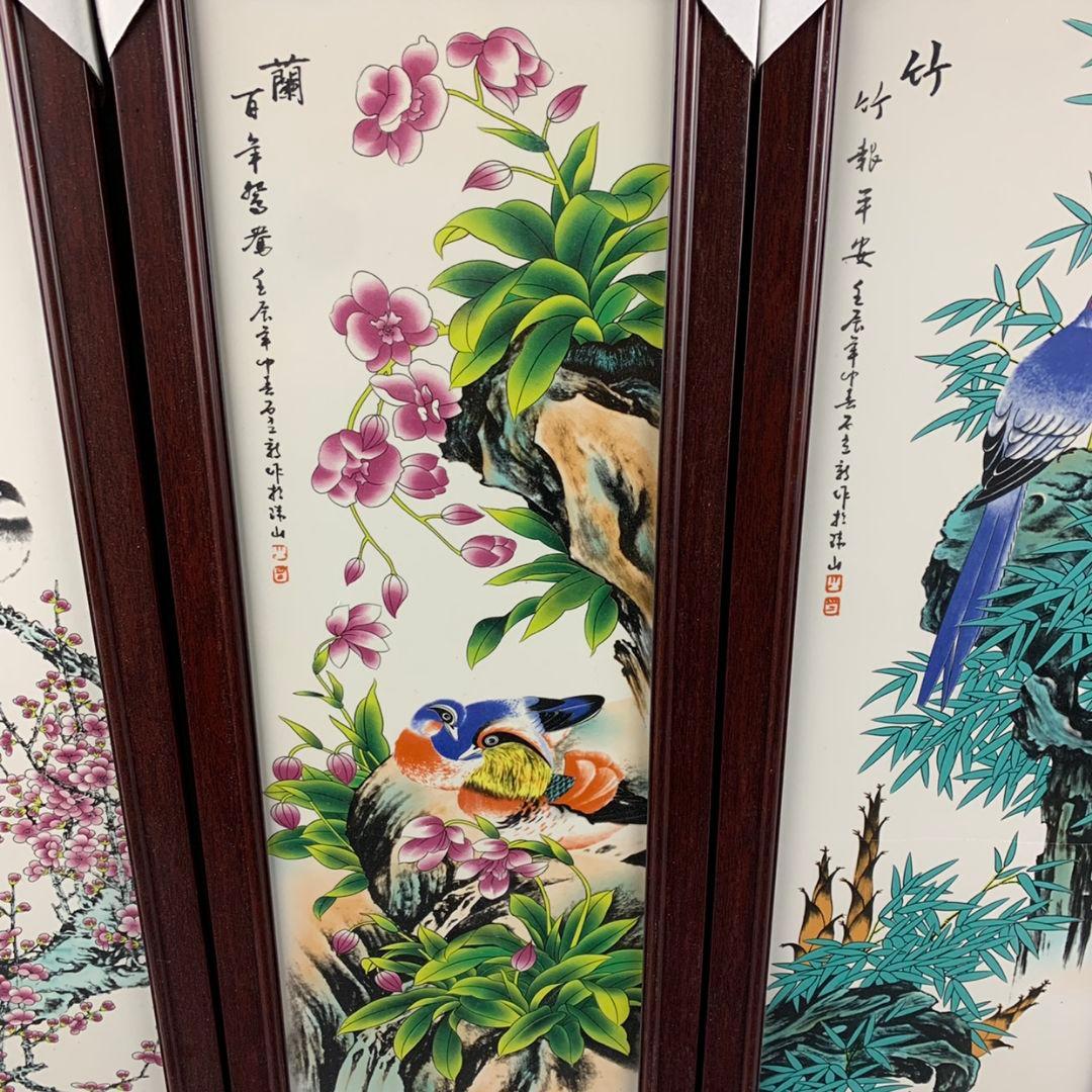 景徳鎮陶磁器 粉彩花鳥梅蘭竹菊陶板画 掛屏 応接間 書斎 茶室 装飾品工芸品置物