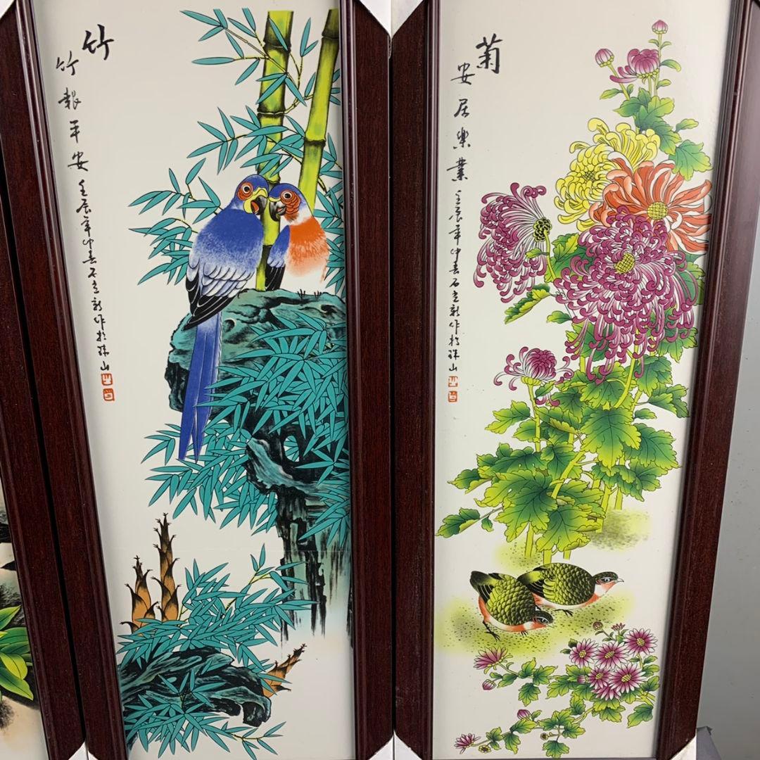 景徳鎮陶磁器 粉彩花鳥梅蘭竹菊陶板画 掛屏 応接間 書斎 茶室 装飾品工芸品置物