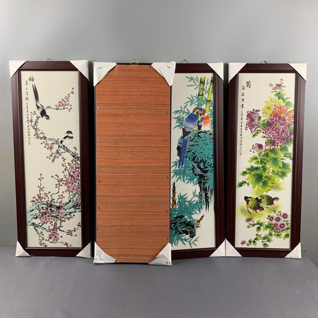 景徳鎮陶磁器 粉彩花鳥梅蘭竹菊陶板画 掛屏 応接間 書斎 茶室 装飾品工芸品置物