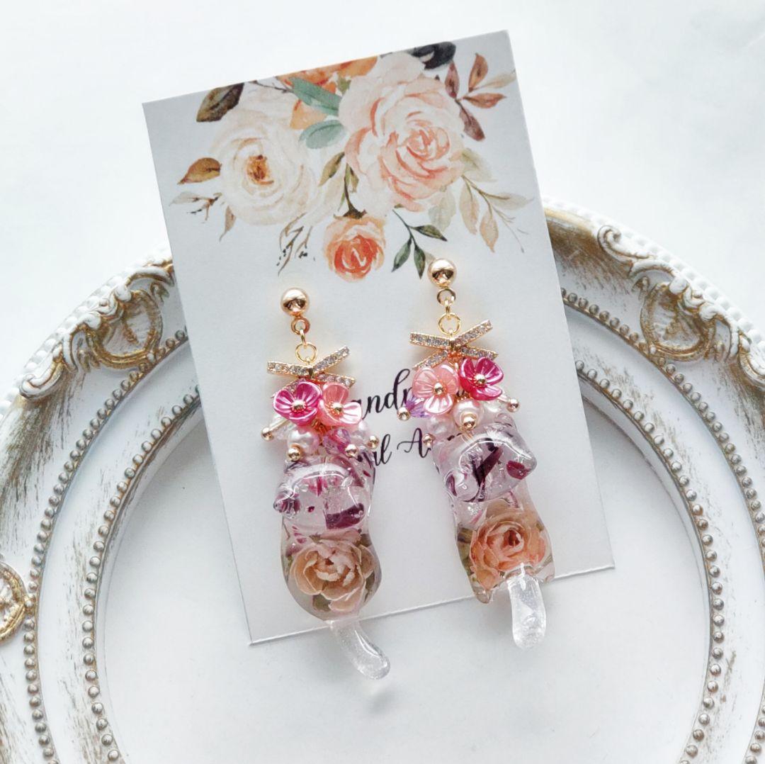 猫 ネコ にゃんこ レジン リトルウッズ ミニ薔薇 琉球ガラス リボン ピアス