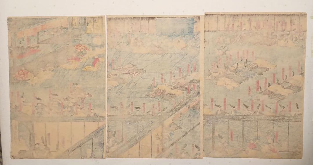 浮世絵版画、源氏繁榮諸候年賀之圖三枚綴り、歌川貞秀画、弘化4年～嘉永5年出版