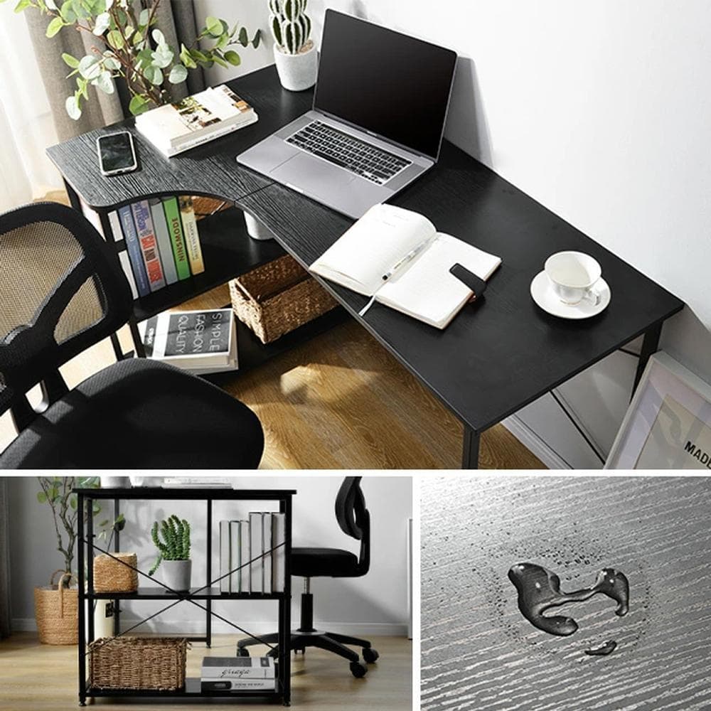 【ブラック】パソコンデスクL字120cm2段ラック付 デスク木製 ミシン台勉強机