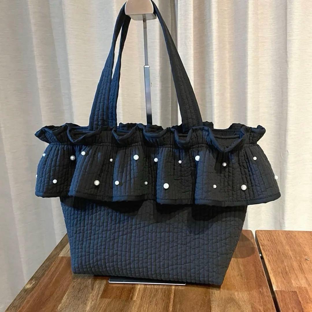 【にこまま】フリルギャザー　ヌビバッグ　トートバッグ　ブラック　パール
