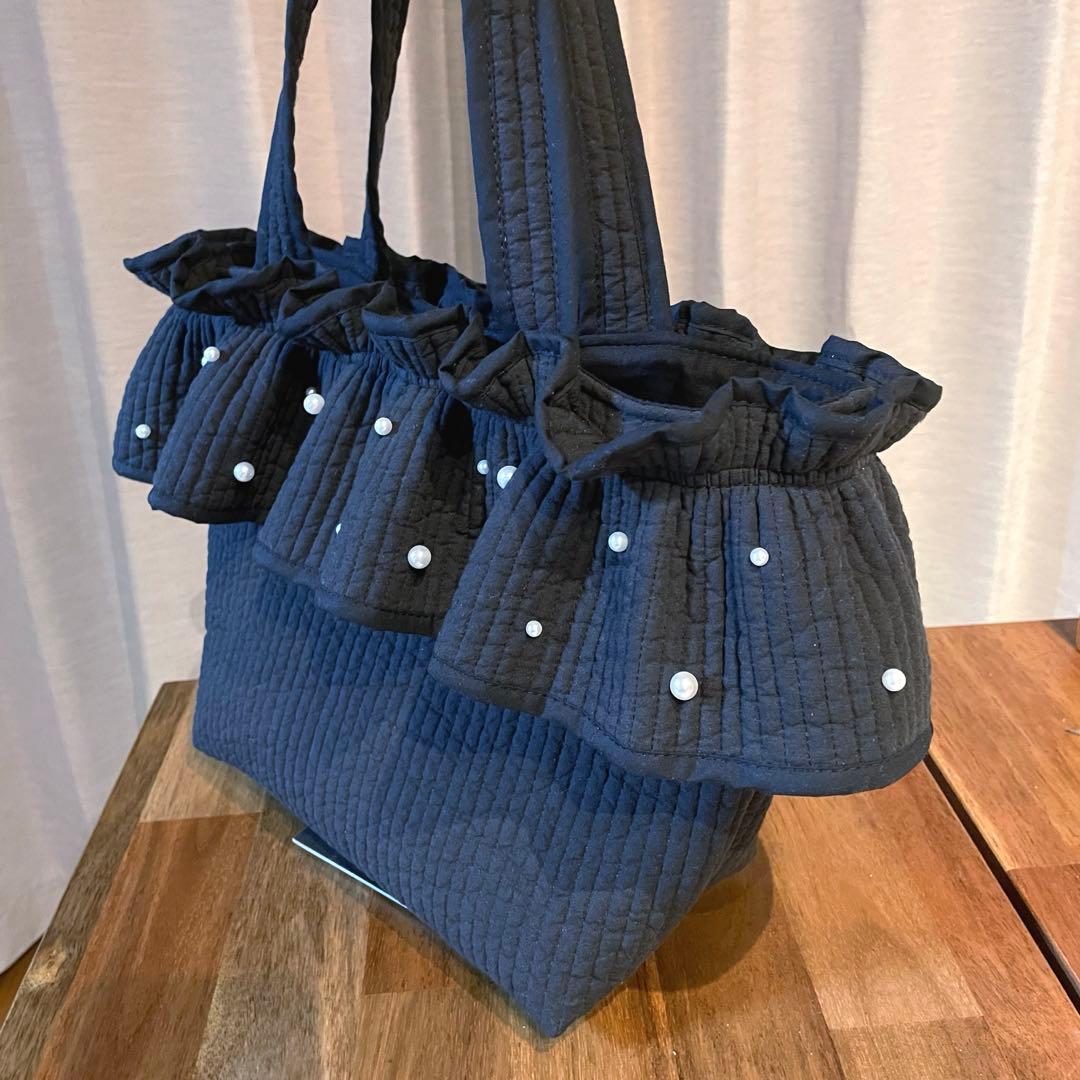 【にこまま】フリルギャザー　ヌビバッグ　トートバッグ　ブラック　パール