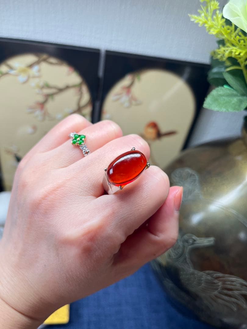 本物保証‼️天然無処理高浄度レッドアンバー 血珀 大粒リング　鑑定書付き